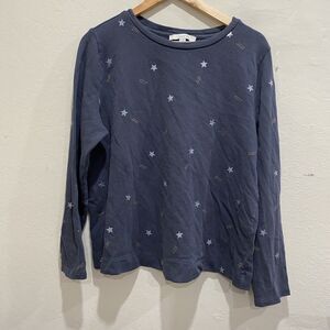 loft sweater xl blue gray printed stars gold extra large crew neck 22" bust ts